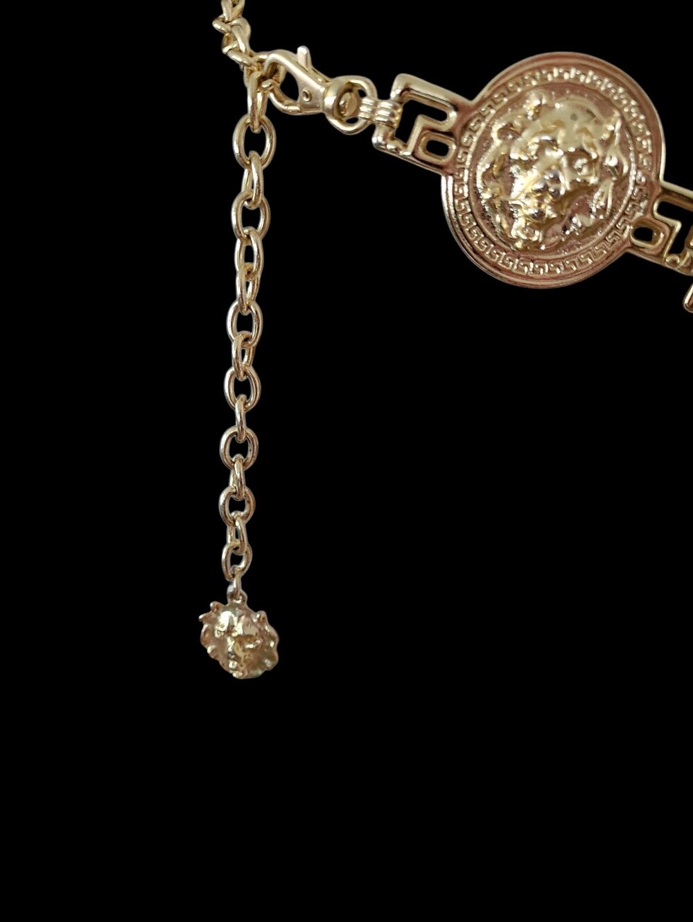 Vintage 1990s Gold Lion Head Medallion Segmented Link & Chain Belt - Picture 3 of 6